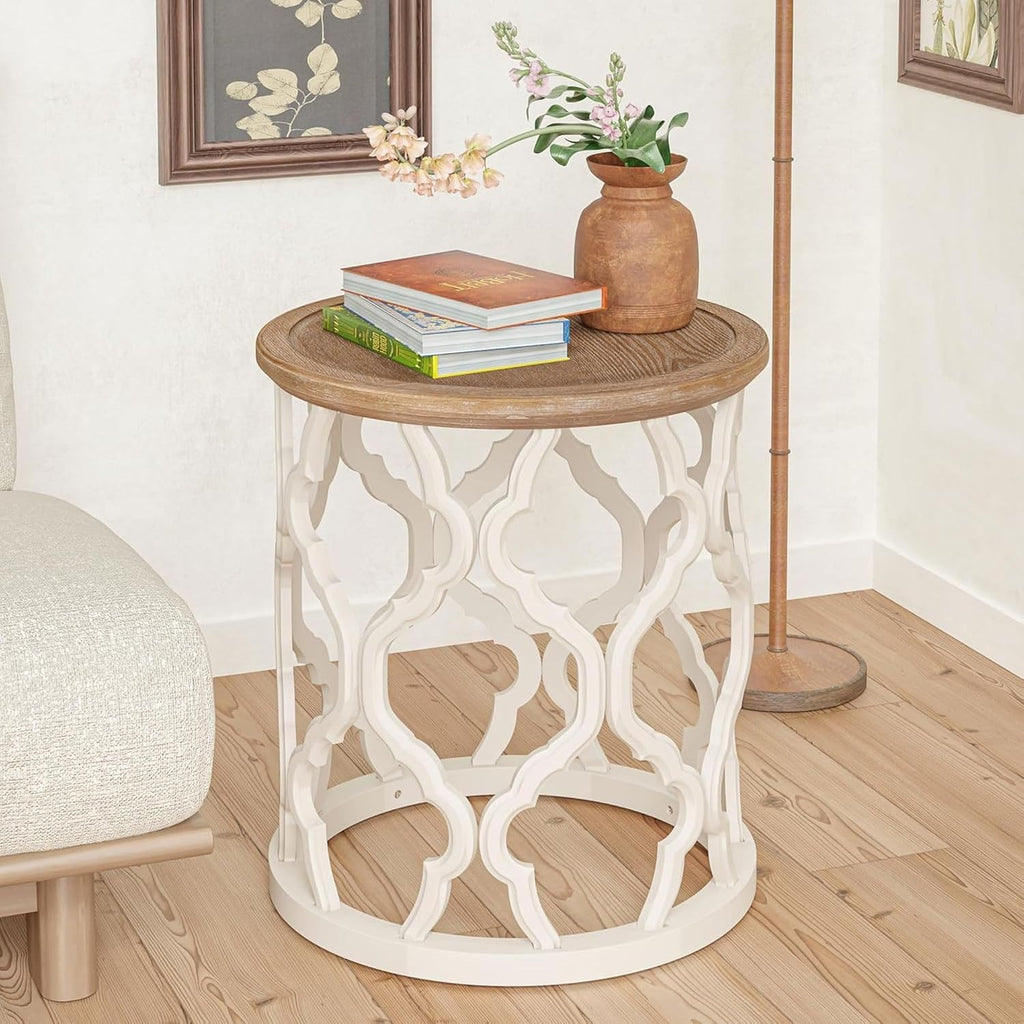 COZAYH Set of 2 Farmhouse End Table, Distressed Tray Top Side Table with Curved Motif Frame Base for Boho, Rustic, French Country, Small Space, Round, White (2 Pack)