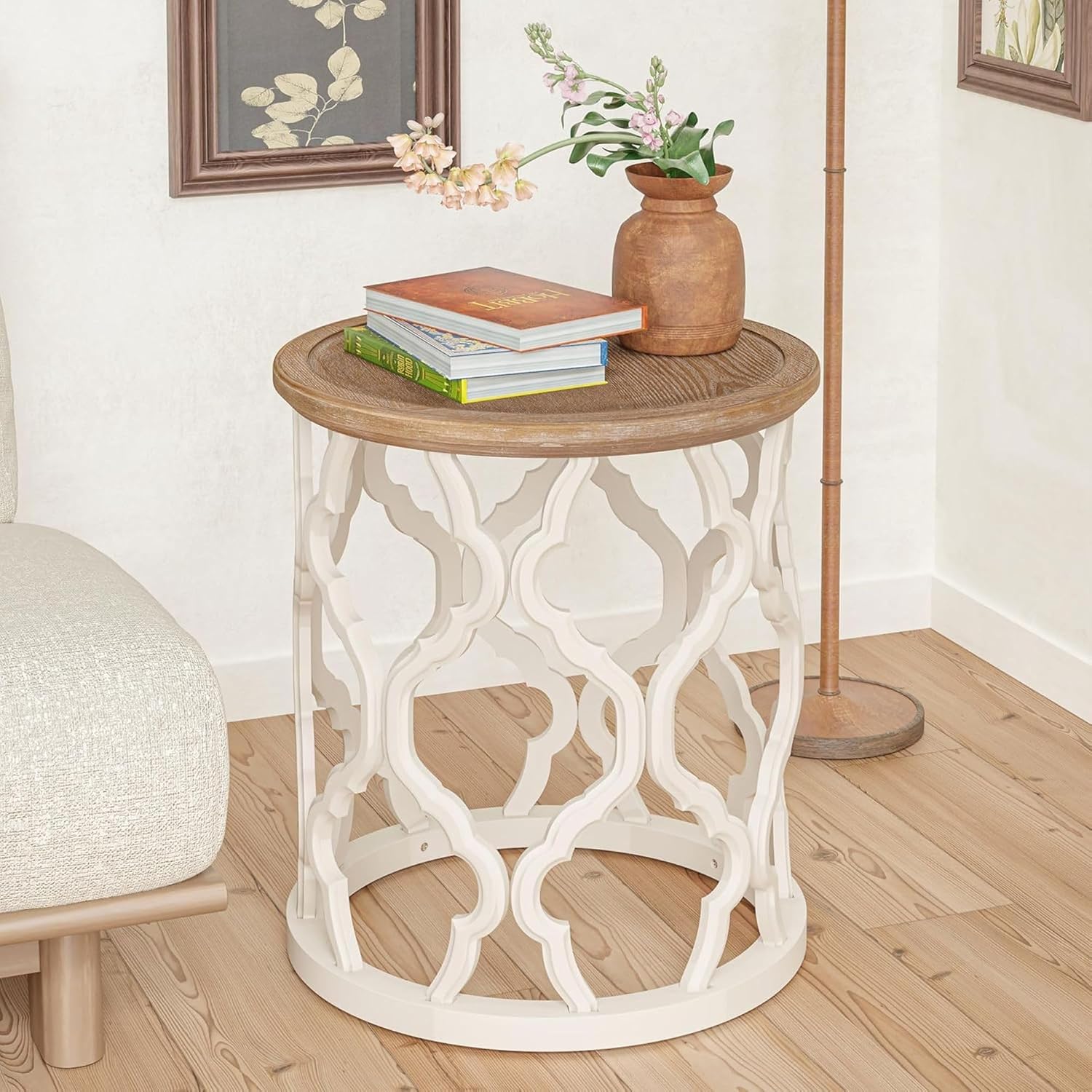 COZAYH Set of 2 Farmhouse End Table, Distressed Tray Top Side Table with Curved Motif Frame Base for Boho, Rustic, French Country, Small Space, Round, White (2 Pack)