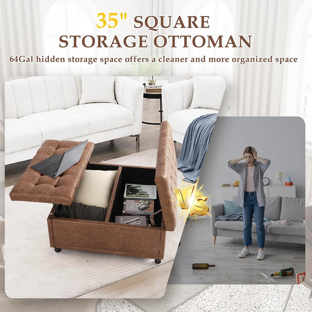 36" Large Square Ottoman with Storage, Tufted Upholstered Storage Ottoman with Lift Top & Solid Legs for Bedroom Room, Extra Large Coffee Tables Bench for Living Room as Footstool (Brown)