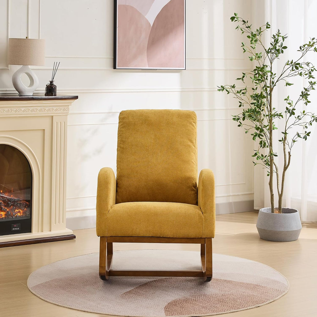 27.2" Rocking Chair for Nursery, Polyeste with Morden High Back and Side Pocket, Rocking Accent Armchair with Rubber Wood Legs for Living Room, Bedroom for Mom Nursery Morden, Mustard