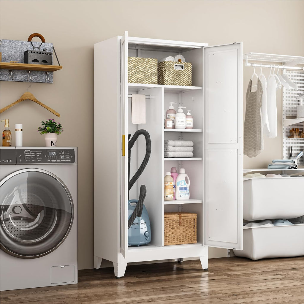 Metal Combination Cabinet, Tall Closet Storage Cabinet with 4 Shelves, Farmhouse Wardrobe Closet with Doors and Hanging Rod for Laundry Mudroom Office Bedroom