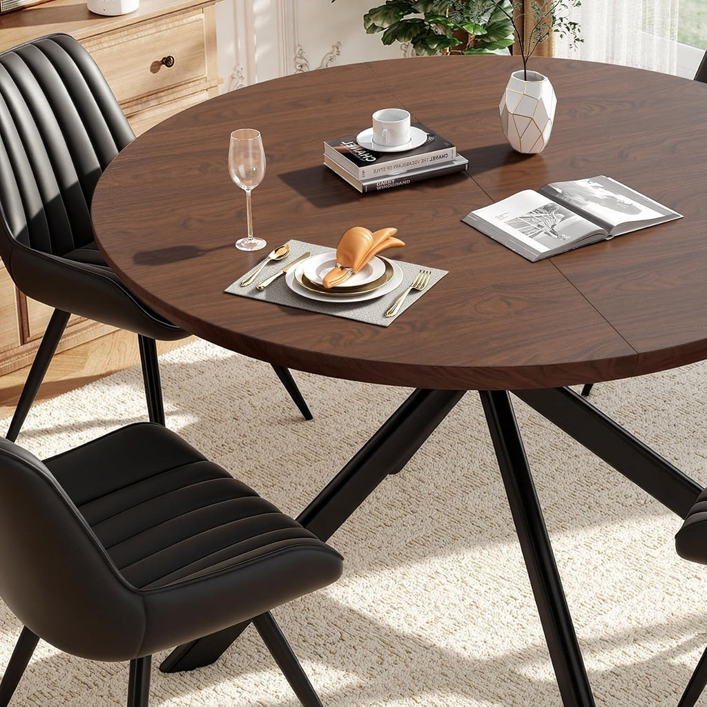 47.2" 5-Piece Round Dining Table Set for 4, Modern Wood Dining Table with 4 Upholstered Chairs, Kitchen & Dining Room Table Set with Metal Base for Apartment, Small Space, Walnut Table+4 Balck Chairs
