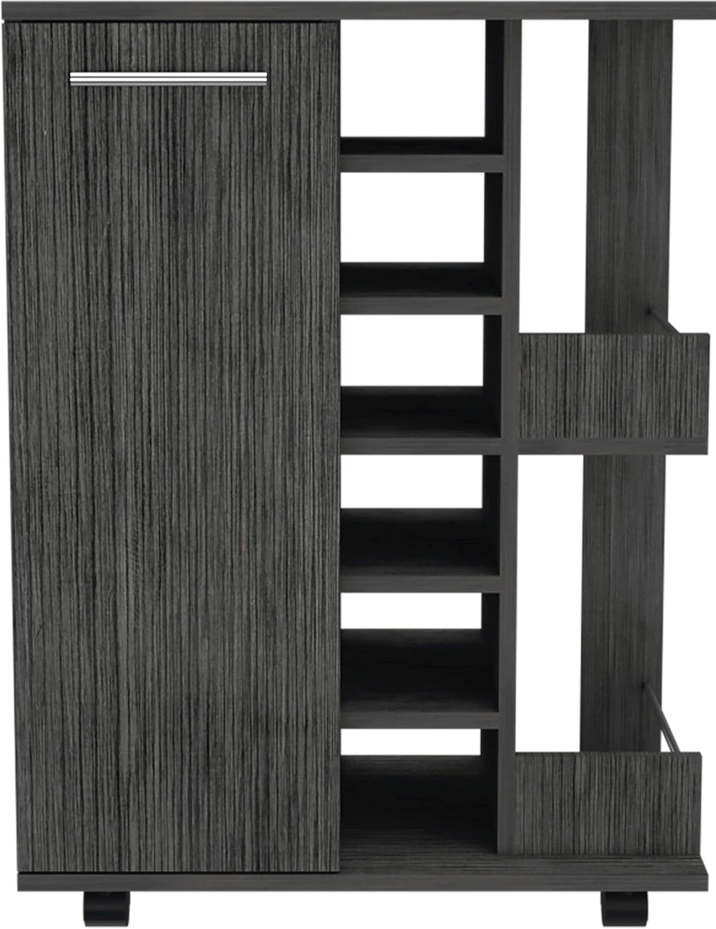 Tuhome Bar Cart, Two External Shelves, Four Casters, Six Built-in Wine Rack, Single Door Cabinet -Smokey Oak