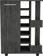 Tuhome Bar Cart, Two External Shelves, Four Casters, Six Built-in Wine Rack, Single Door Cabinet -Smokey Oak
