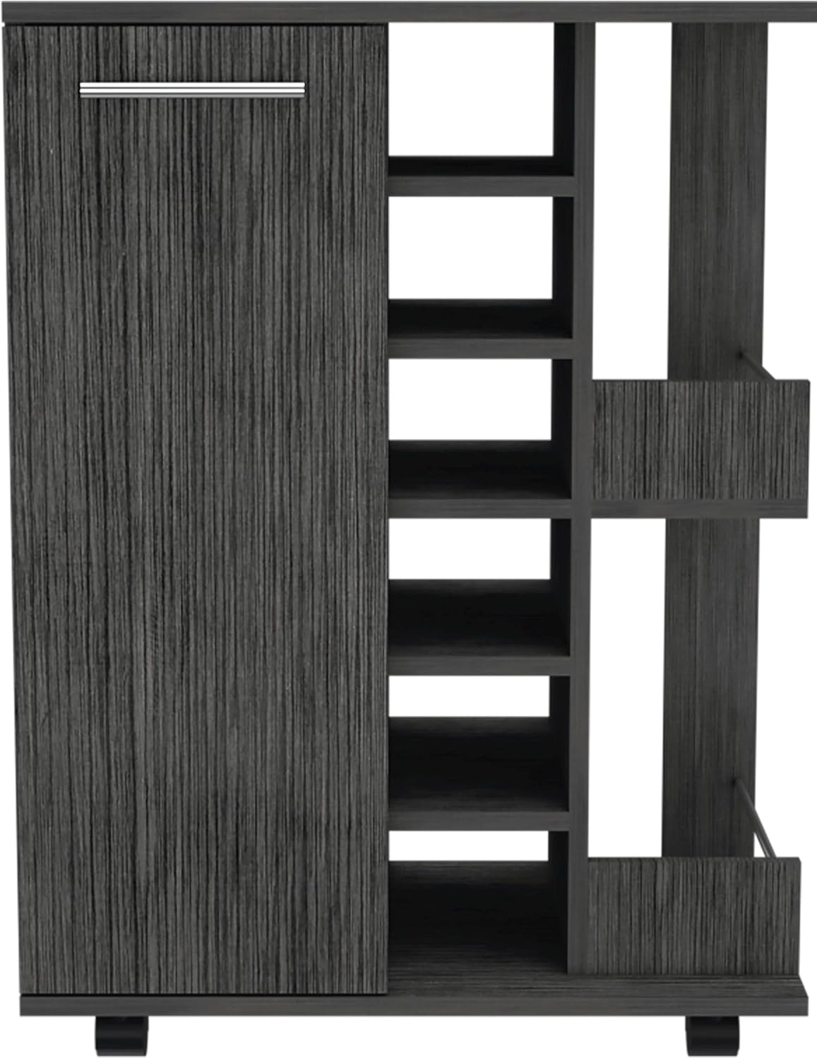 Tuhome Bar Cart, Two External Shelves, Four Casters, Six Built-in Wine Rack, Single Door Cabinet -Smokey Oak