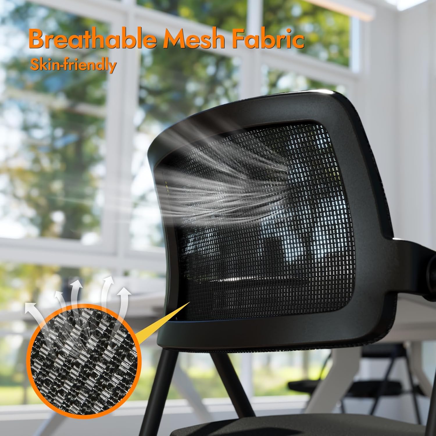 Stackable & Foldable Office Chair, Folding Desk Chair with Flip-Up Armrest, Breathable Mesh, Thick Seat Cushion & Rocking Backrest, Conference Room Chair with Wheel (Black，1)