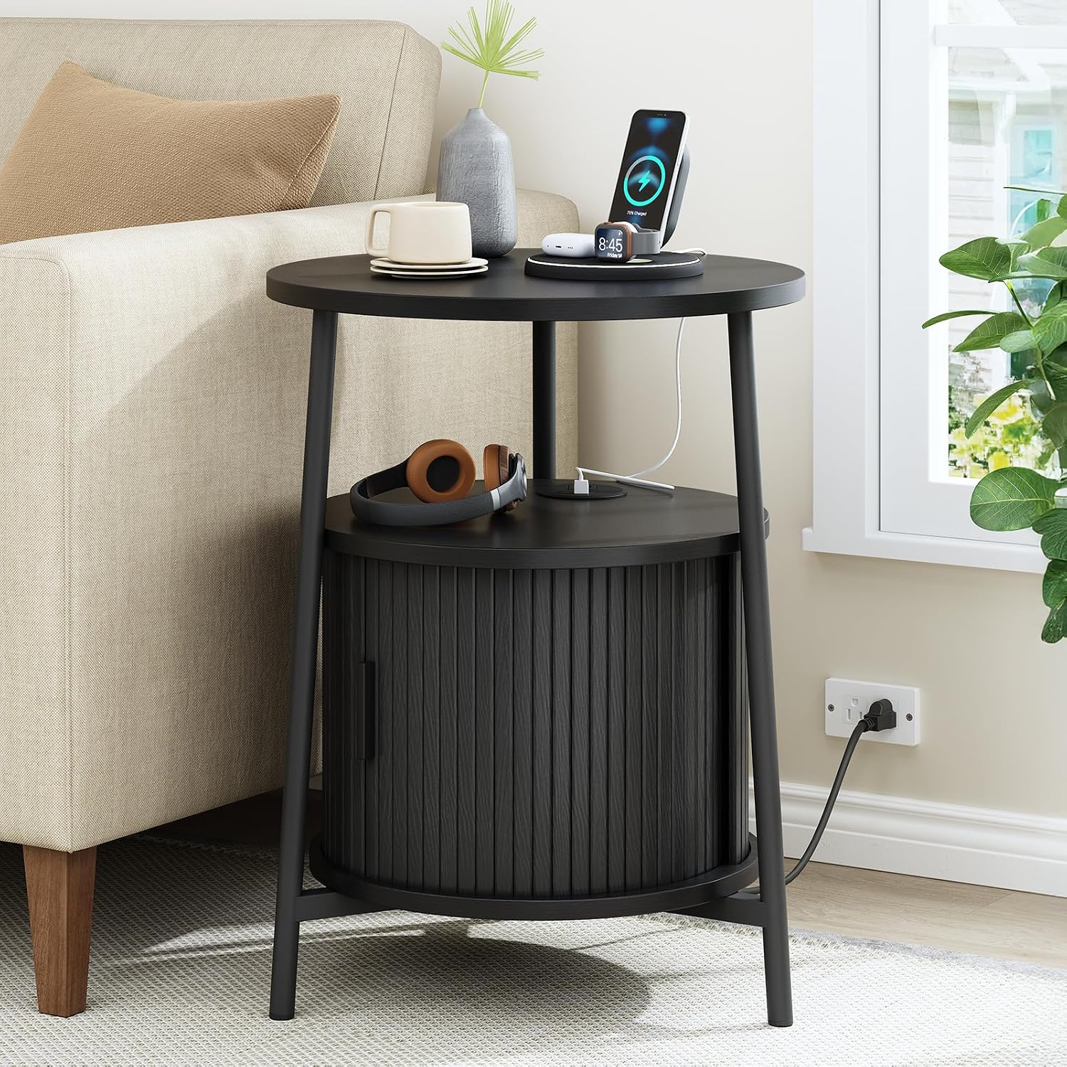 ONBRILL Round Side Table with Storage, Fluted Nightstand with Charging Station, Small Mid-Century Modern Bedside Tables, Black End Tables for Small Space Living Room Bedroom Sofa Couch