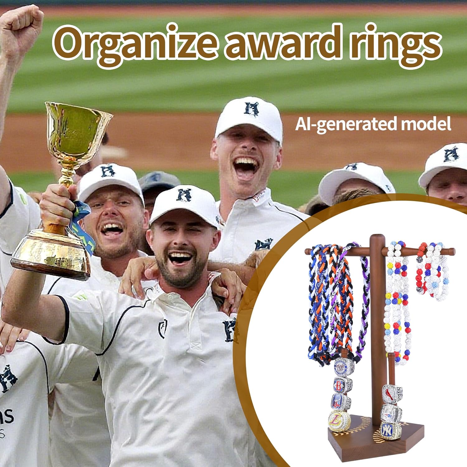 Baseball Ring Display Holder for Championship Rings & Necklaces, Wooden Sports Jewelry Organizer with Bat Stand for Baseball Softball Players, Athlete Gift Display Case for Rings Bracelets Medals