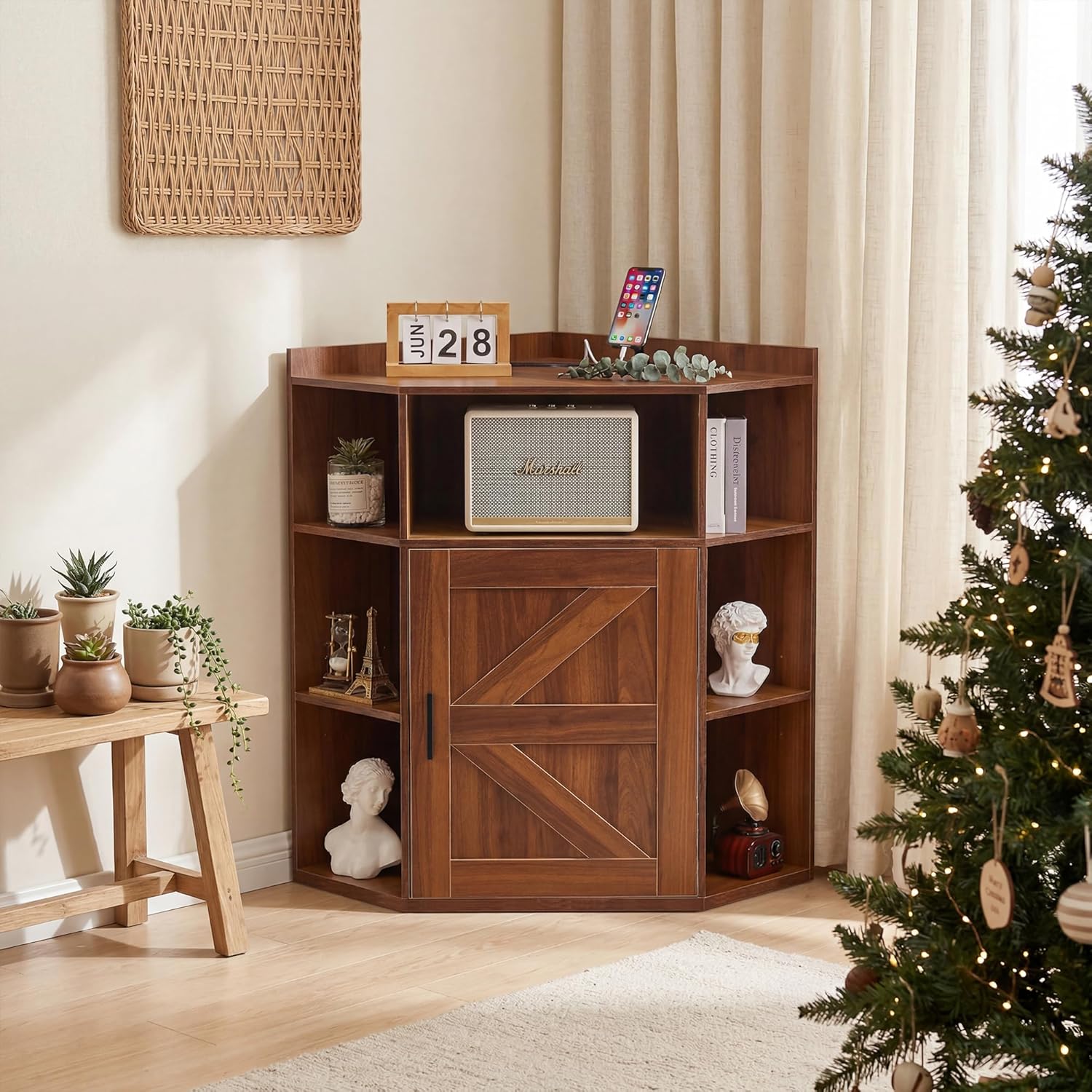 VECELO Corner Storage Cabinet with Charging Station, 34" Shelf with Door & Adjustable Shelves, Organizer for Living Room, Office & Gaming Setup, Fits Monitors up to 43" TV, Brown