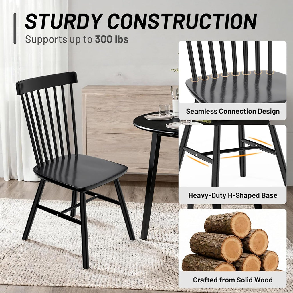 AreShark Windsor Dining Chairs Set of 4, Farmhouse Wooden Dining Room Chairs, Solid Wood Kitchen Chairs with Spindle Back, Black