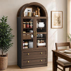 71" Tall Arched Kitchen Pantry Cabinet, Modern Farmhouse Kitchens Storage Cabinet with 2 Large Drawers & Glass Doors, Freestanding Versatile Cupboard for Living Room, Dining Room, Brown