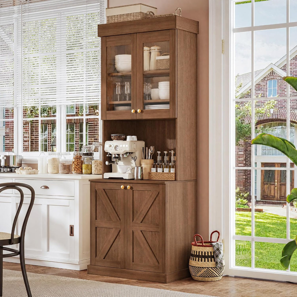 71" Farmhouse Kitchen Pantry Cabinet with Glass Doors, Set of 2 – Dark Brown Freestanding Coffee Bar Hutch with Adjustable Shelves, Large Storage Cabinet with Microwave Stand for Living Room & Kitchen