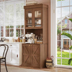 71" Farmhouse Kitchen Pantry Cabinet with Glass Doors, Set of 2 – Dark Brown Freestanding Coffee Bar Hutch with Adjustable Shelves, Large Storage Cabinet with Microwave Stand for Living Room & Kitchen