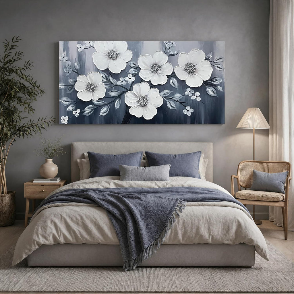 JuhaiArt Flower Wall Art White Wall Decorations Gray Picture Art Large 3D Floral Hand Painted for Bedroom Living Room Office 29" x 59"