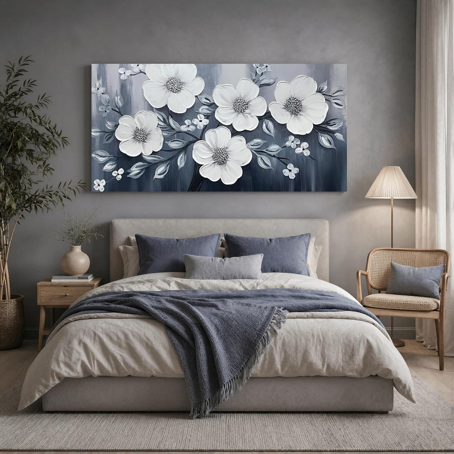 JuhaiArt Flower Wall Art White Wall Decorations Gray Picture Art Large 3D Floral Hand Painted for Bedroom Living Room Office 29" x 59"