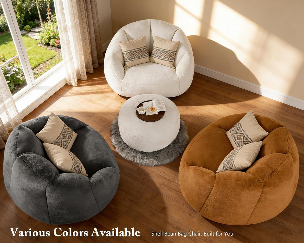 Oversized Bean Bag Chair with Footstool for Adults, Giant Fuzzy Accent Reading Chair with Ottoman Pouf, Lounge Chair Chaise Indoor, Faux Fur Round Large Floor Sofa Couch for Game, Beige