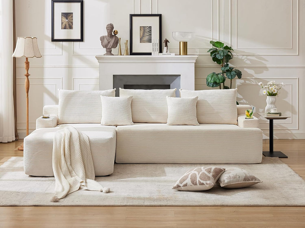 106" Cloud Sectional Couch, Modular Sectional Sofa with L-Shape Chaise, Corduroy Boneless Couch with Deep Seat, Upholstered Sofa for Living Room, No Assembly Required(Left-Facing Chaise, White)