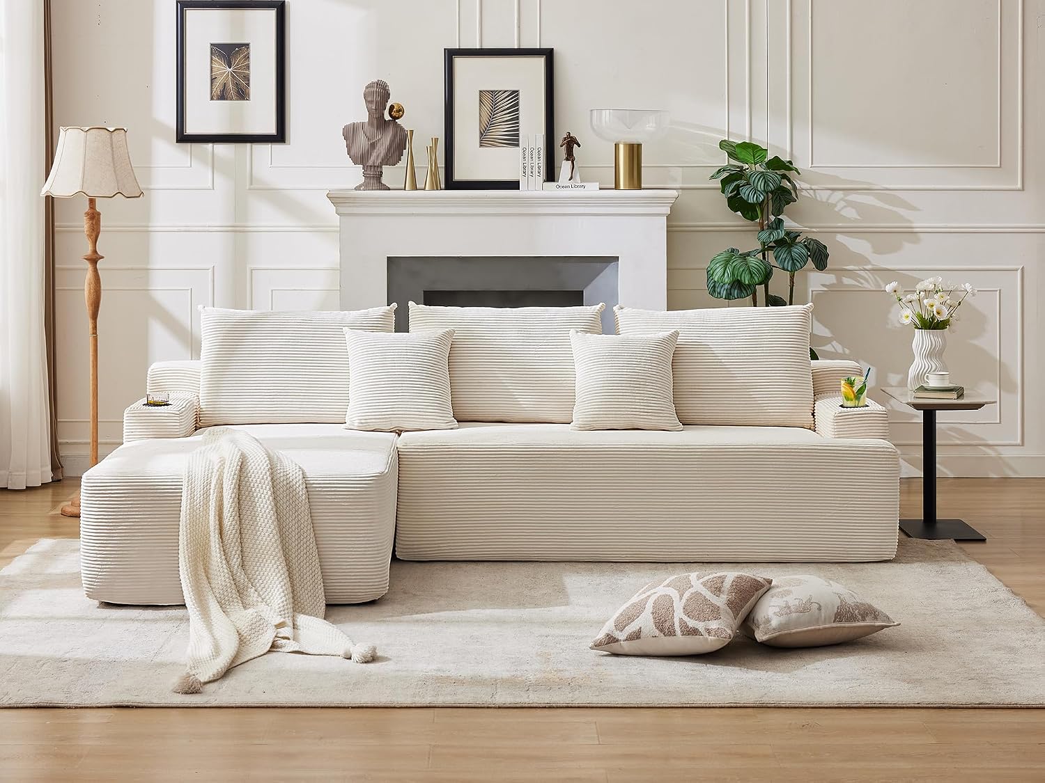 106" Cloud Sectional Couch, Modular Sectional Sofa with L-Shape Chaise, Corduroy Boneless Couch with Deep Seat, Upholstered Sofa for Living Room, No Assembly Required(Left-Facing Chaise, White)