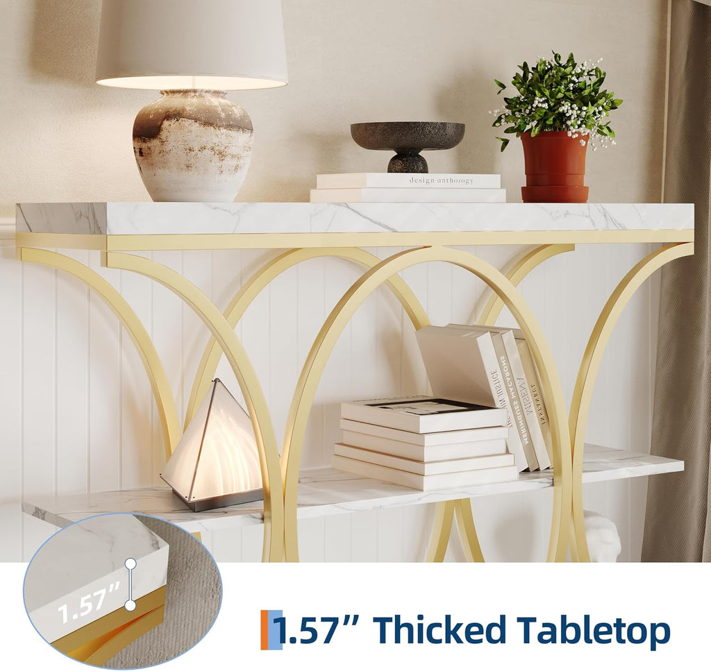 Garvee 39" Narrow Console Tables for Entryway, Industrial 3-Tier Sofa Table with Round Metal Base and Storage Shelves for Living Room, Hallway, Foyer, Gold and White Marble