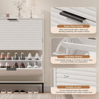 MU Shoe Storage Cabinet with 2 Flip Drawers, Freestanding Fluted Shoe Cabinet, Narrow Wood Shoe Cabinet, Hidden Shoe Organizer with Metal Legs for Entryway, Foyer, Hallway, White