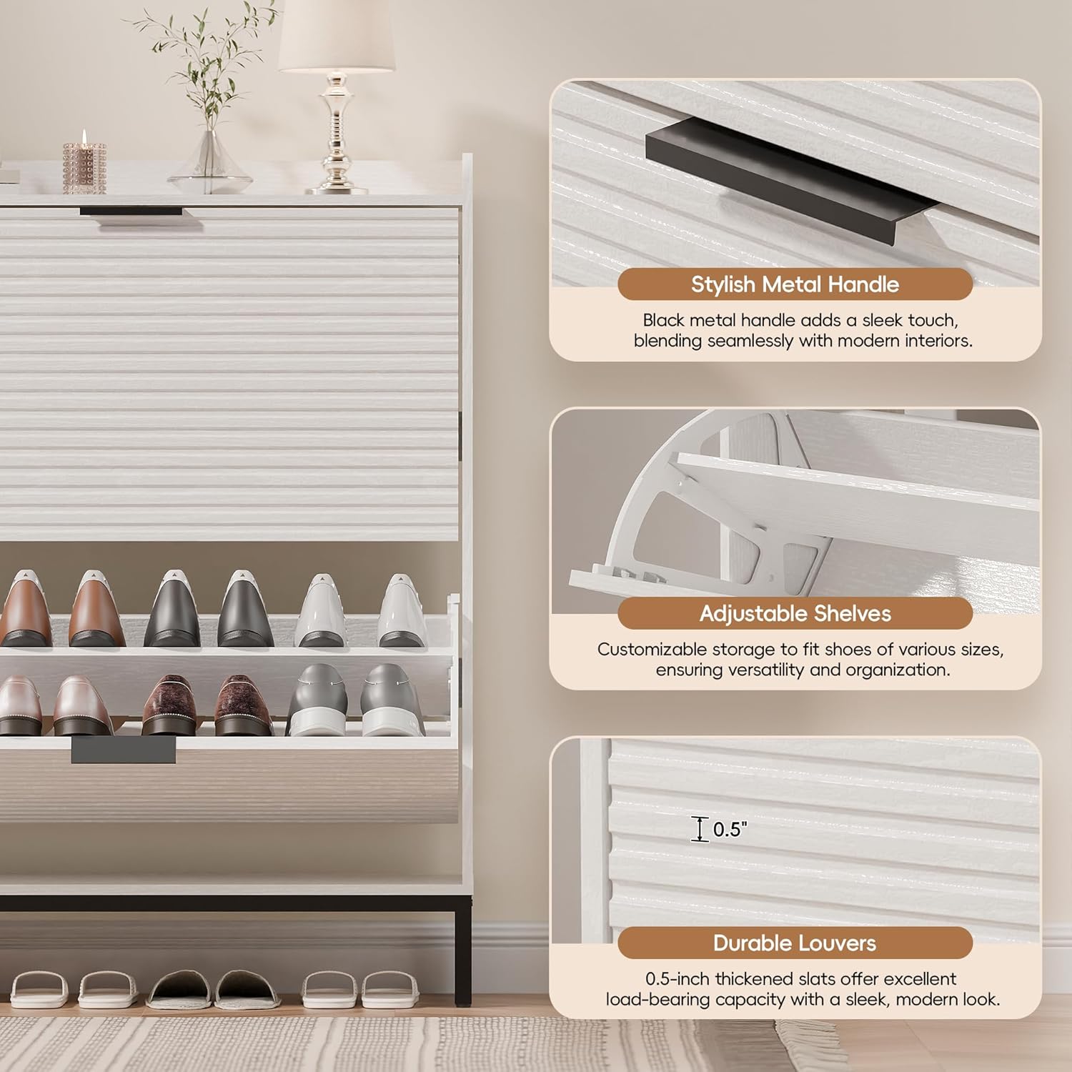 MU Shoe Storage Cabinet with 2 Flip Drawers, Freestanding Fluted Shoe Cabinet, Narrow Wood Shoe Cabinet, Hidden Shoe Organizer with Metal Legs for Entryway, Foyer, Hallway, White