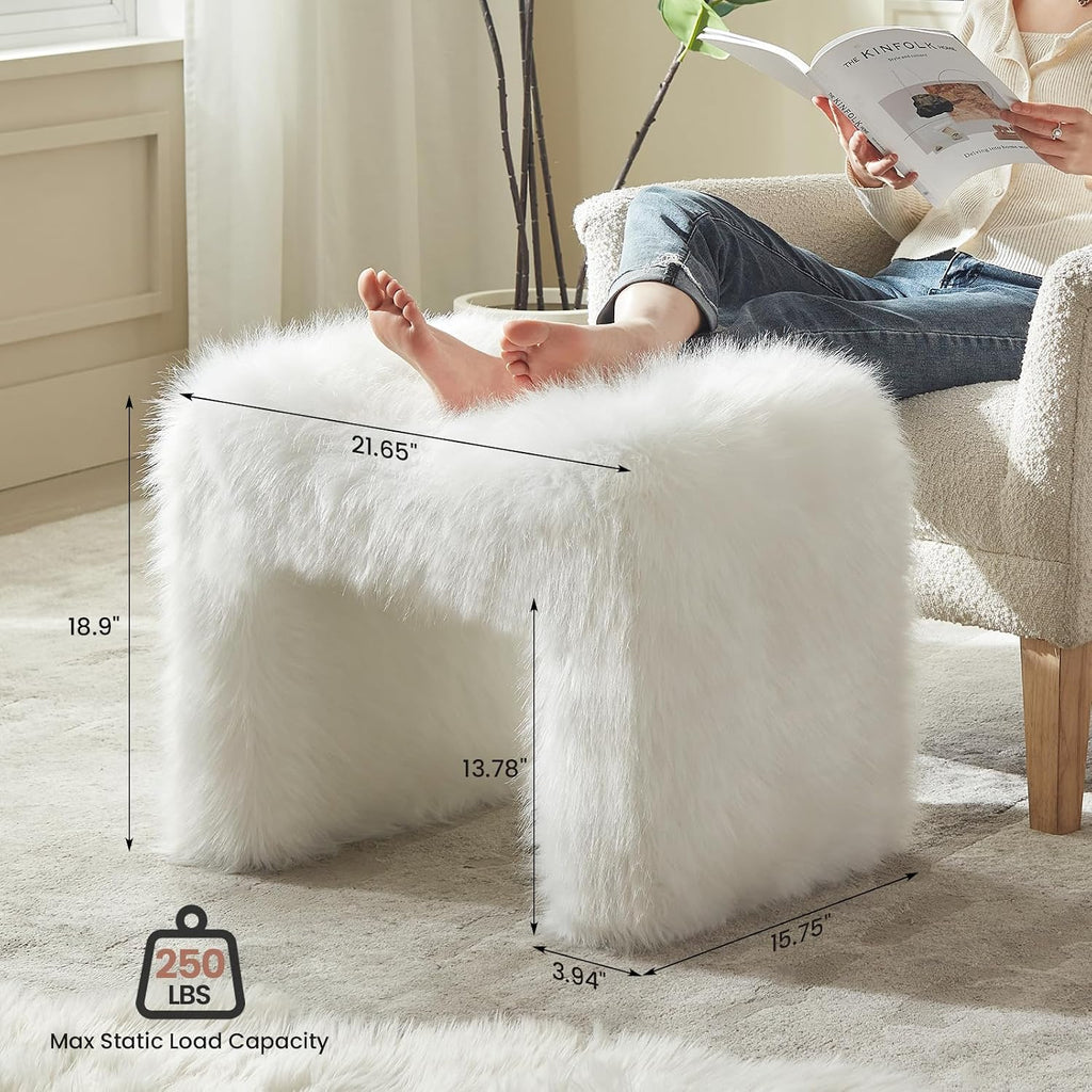 Vanity Stool Chair Small Footstool Ottoman Faux Fur Seating Backless Modern Foot Rest Ottoman Furry for Makeup Room Living Room Bedroom Entryway,White (Single 1)