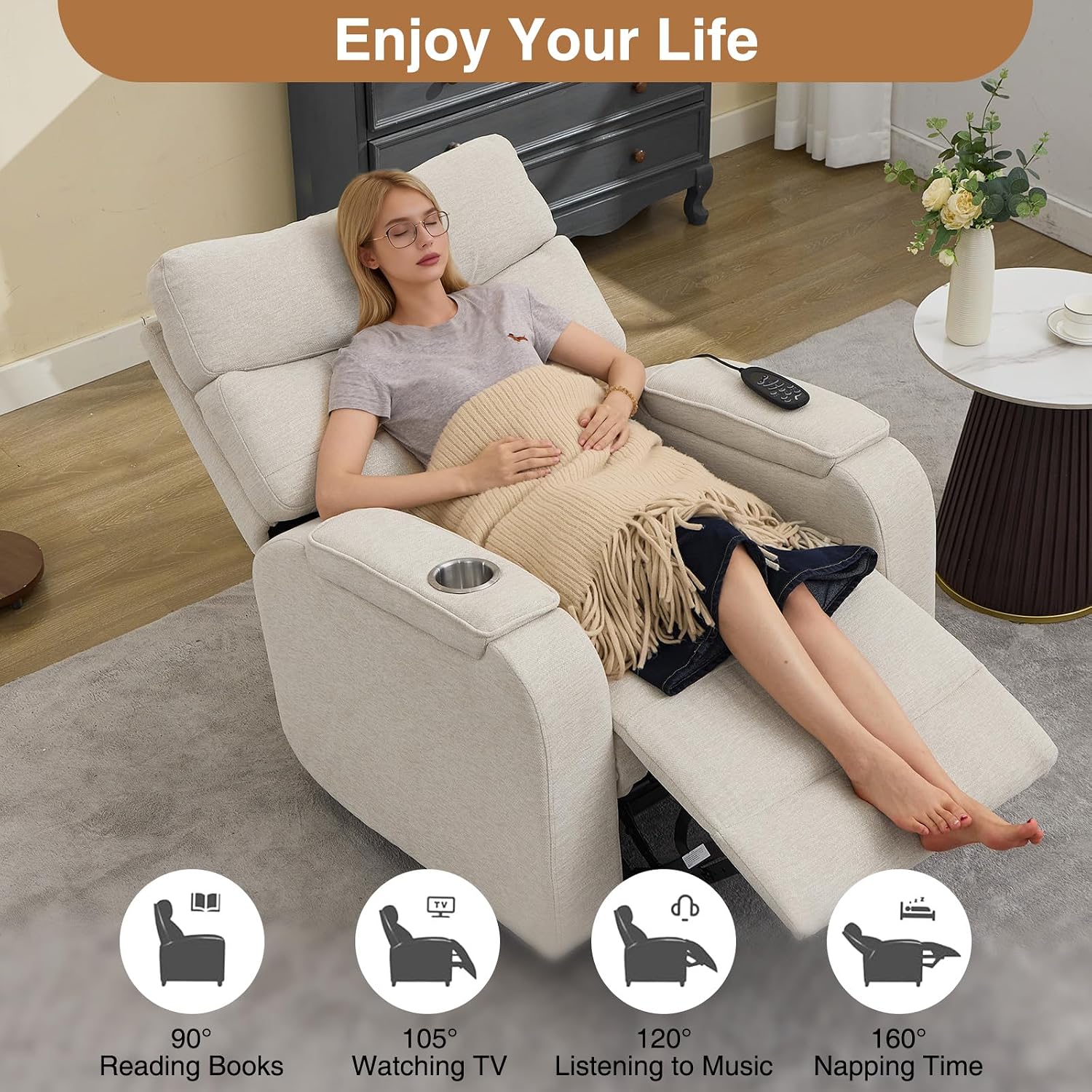 Power Swivel Rocker Recliner with Massage & Heat, Power Glider Recliners with Type-C Port & Timing, Oversized Swivel Glider Recliner with Dual Storage Arms & Cup Holder, Chenille Camel
