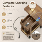 YOSHOOT Flip Top End Table with Charging Station, Narrow Side Table | 13" Wide, Rattan, Extensible Design, Small Table with Storage and Wheels, Suitable for Living Room Bedroom Apartment, Walnut