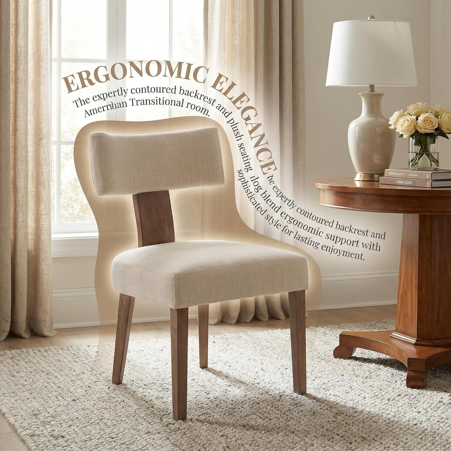 VESCASA Mid Century Modern Dining Chairs Set of 4, Upholstered Linen Dining Room Chairs with Ergonomic Curved Backrest, Solid Wood Legs, Kitchen Accent Chairs for Apartment, Farmhouse & Home, Beige