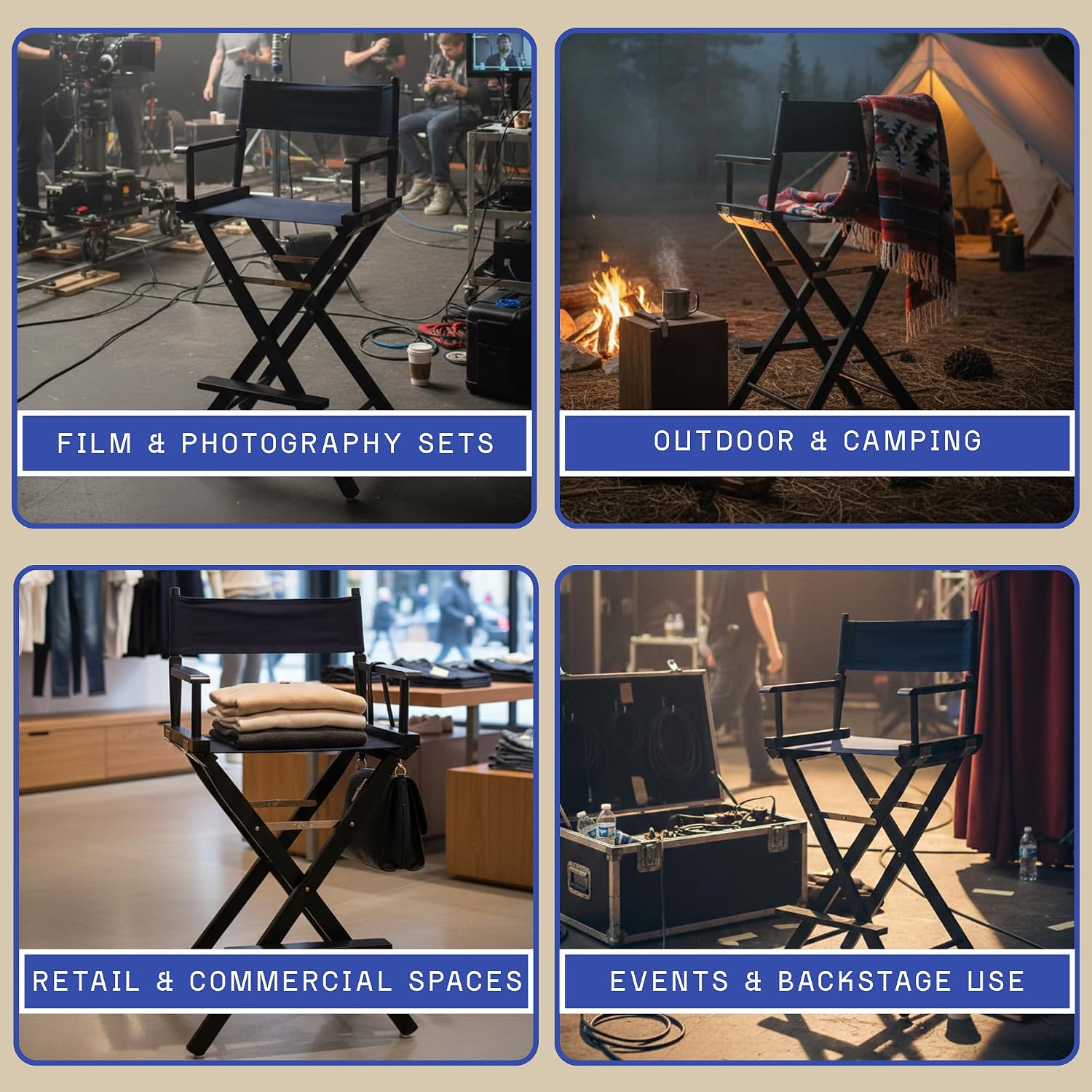 30-inch Directors Chair with Black Wood Frame and Navy Blue Canvas Seat and Backrest Folding Portable Bar Height Tall Chair for Makeup Artists, Filmmaking Events, Patio Camping, and Home Use