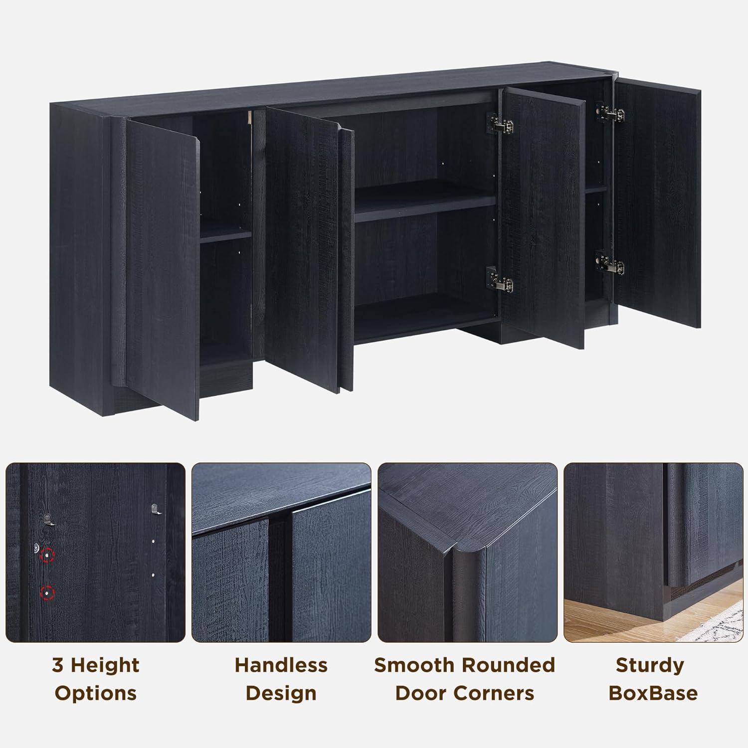 JXQTLINGMU 66" Large Sideboard Buffet Cabinet with Storage, 30" Tall Modern Kitchen Storage Cabinet, Adjustbale Shelf, Coffee Bar, Long Accent Table for Dining Room,Living Room, Entryway, Black