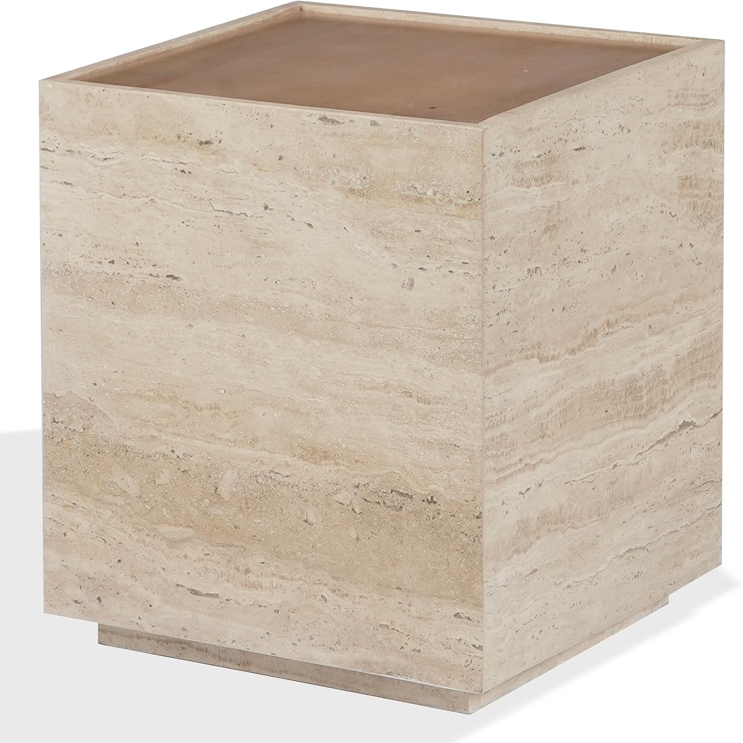 SAFAVIEH Couture - Leslianne Square Accent Table - Natural Solid Wood Top & Travertine - Modern Pillar Design - Fully Assembled for Living Room, Bedroom & Entryway, 16" W x 16" D x 18" H (SFV5779A)