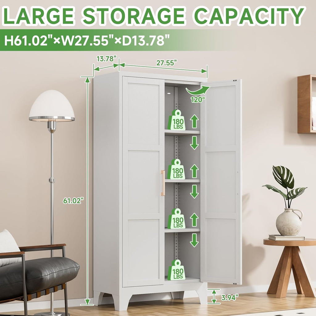 Pantry Cabinet,61" Tall Kitchen Pantry Storage Cabinets with 2 Doors and 3 Adjustable Shelves for Kitchen,Living Room/White