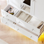 VOWNER Wardrobe Closet with 3 Doors Bedroom Armoire with Mirror & 4 Drawers | Large Capacity Storage Closet with LED Light and Hanging Rod for Bedroom, White 47" L