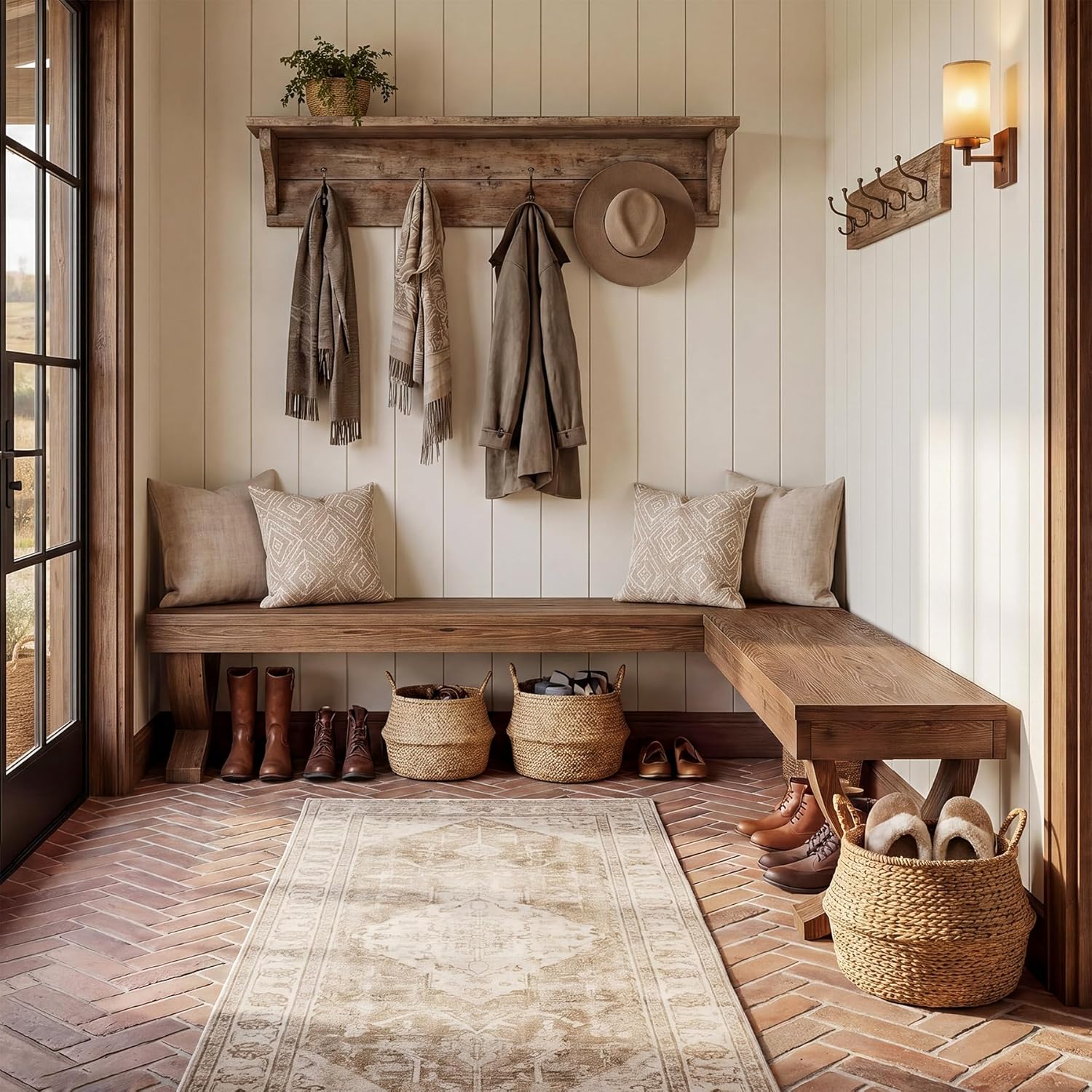 L Shaped Solid Wood Corner Bench, 55-Inch Farmhouse Table Bench with X-Shaped Leg, Backless Entryway Shoe Bench, for Dining Room, Hallway, Rustic Brown