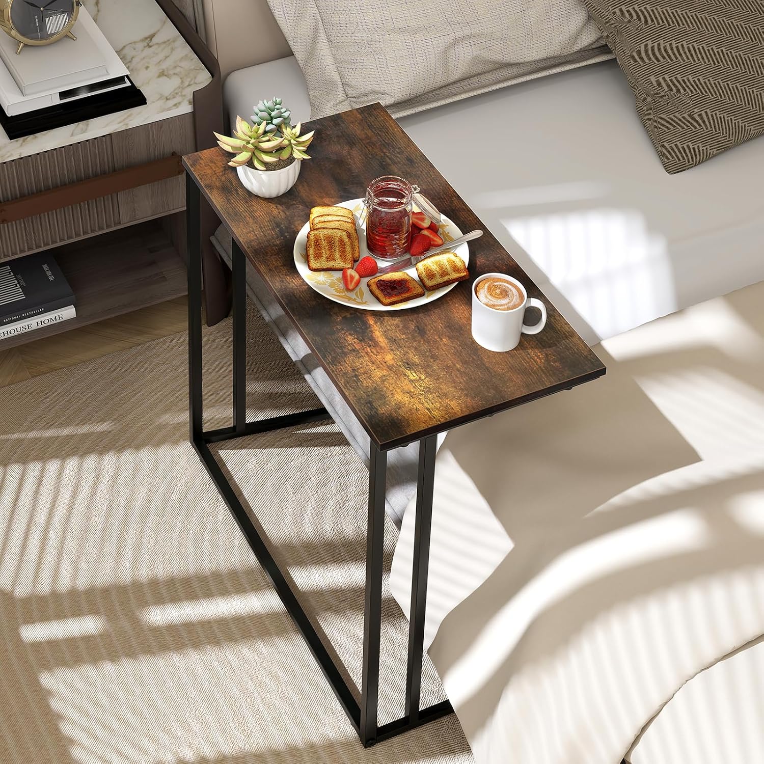 C-Shaped Side Table, Modern End Table with Metal Frame, Space Saving Design for Living Room，Large Surface Couch Table for Bedroom, and Home Office，24 x 12 x 24 inches (Brown)