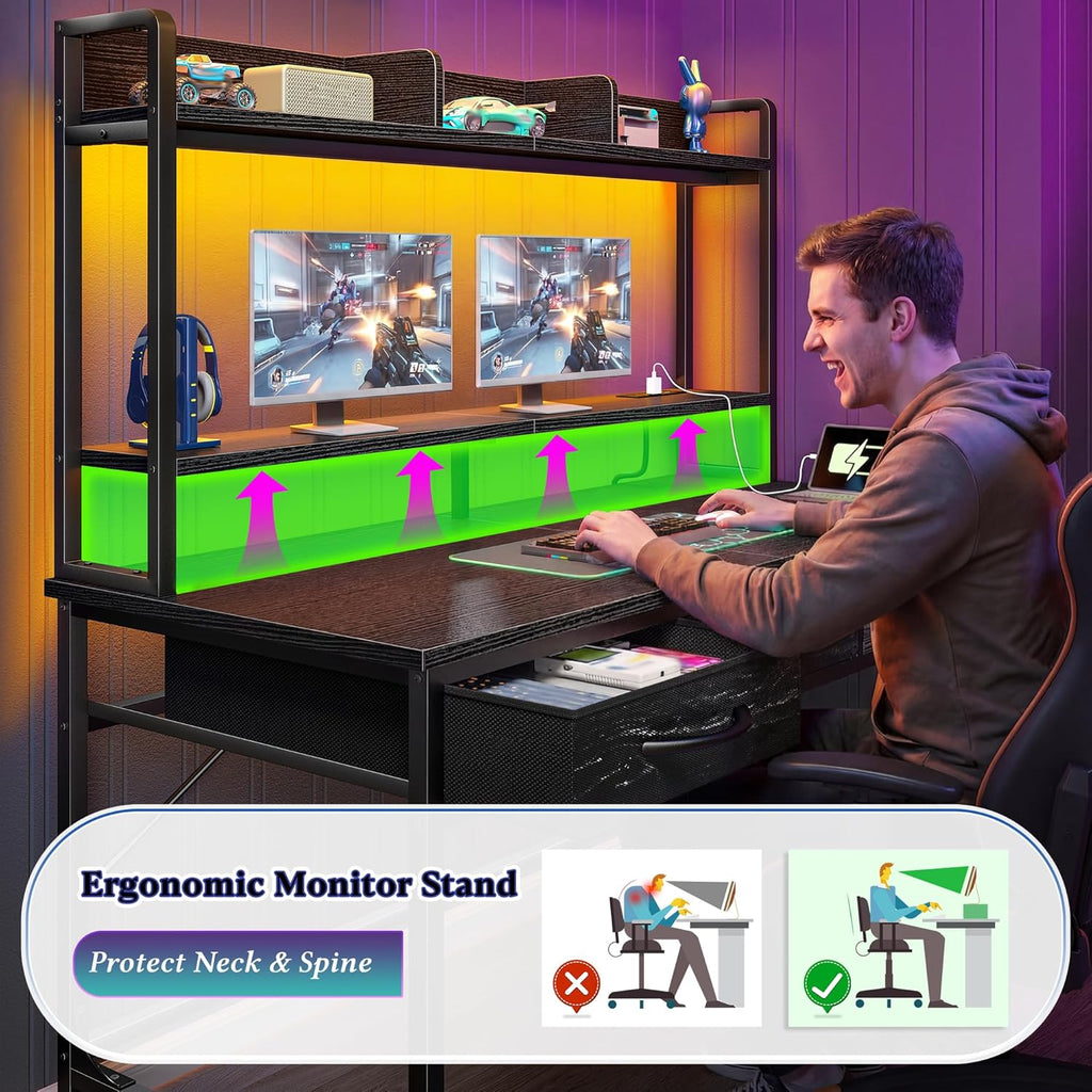 DurayLoly 39.4" Computer Desk with Hutch & Monitor Stand,Gaming Desk with Shelves & Drawers, Writing Desk with LED &Power Outlet,Office Desk,Study Desk for Bedroom Home Office,Small Space,Black