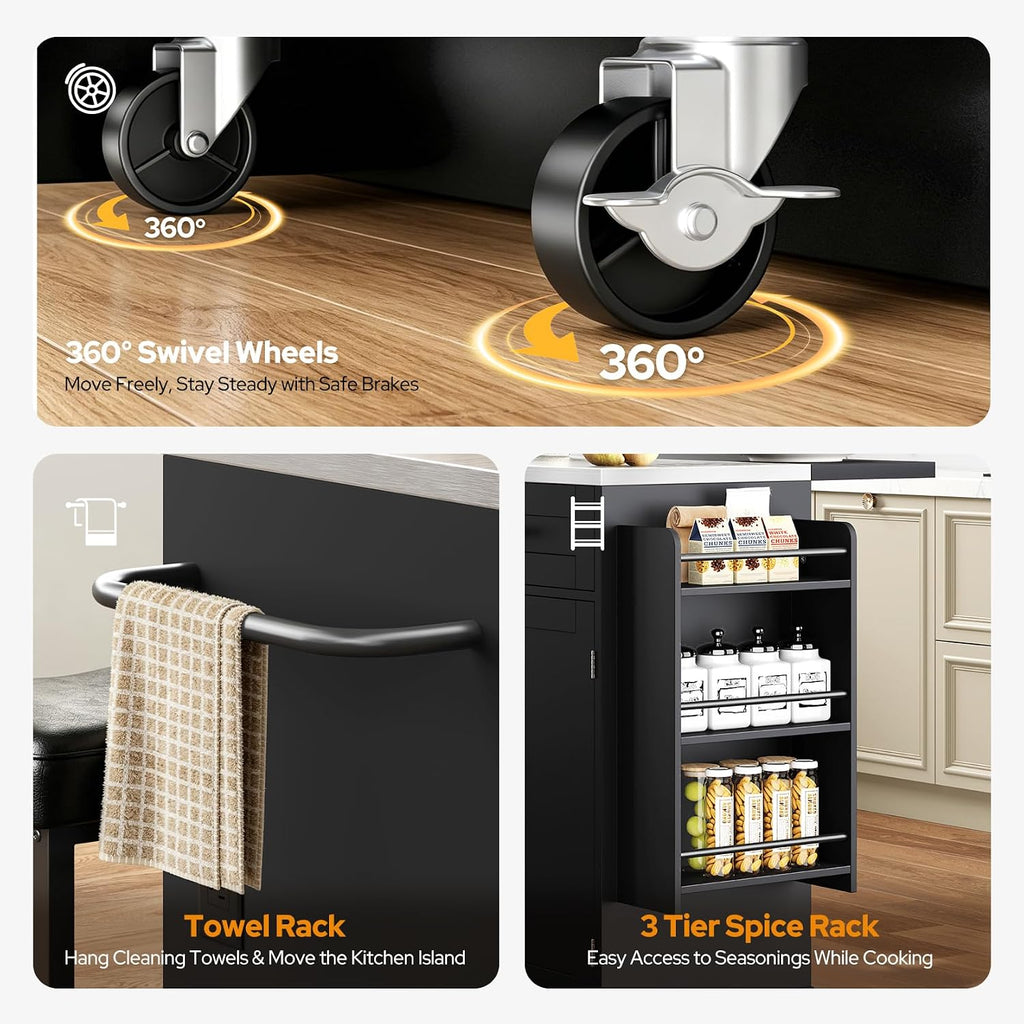 Concho 56'' Rolling Kitchen Island with Seating and Stainless Steel Countertop, Mobile Kitchen Carts with Folding Drop Leaf, 2 Bar Stools, Power Outlet, Spice/Towel Rack, Zest Black