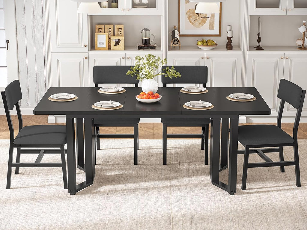 Itaar 5-Piece Dining Table Set for 4-6 People, 63" Extendable Kitchen Table and 4 Cushion Chairs, Dining Room Table with MDF Board & Metal Frame for Small Space, Easy Clean, Black