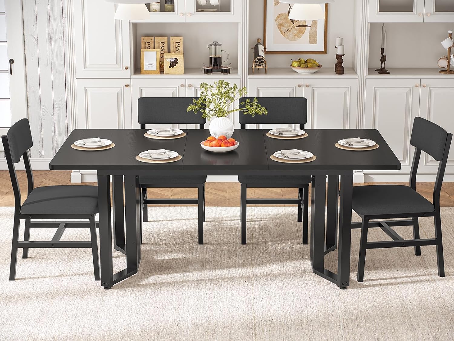 Itaar 5-Piece Dining Table Set for 4-6 People, 63" Extendable Kitchen Table and 4 Cushion Chairs, Dining Room Table with MDF Board & Metal Frame for Small Space, Easy Clean, Black