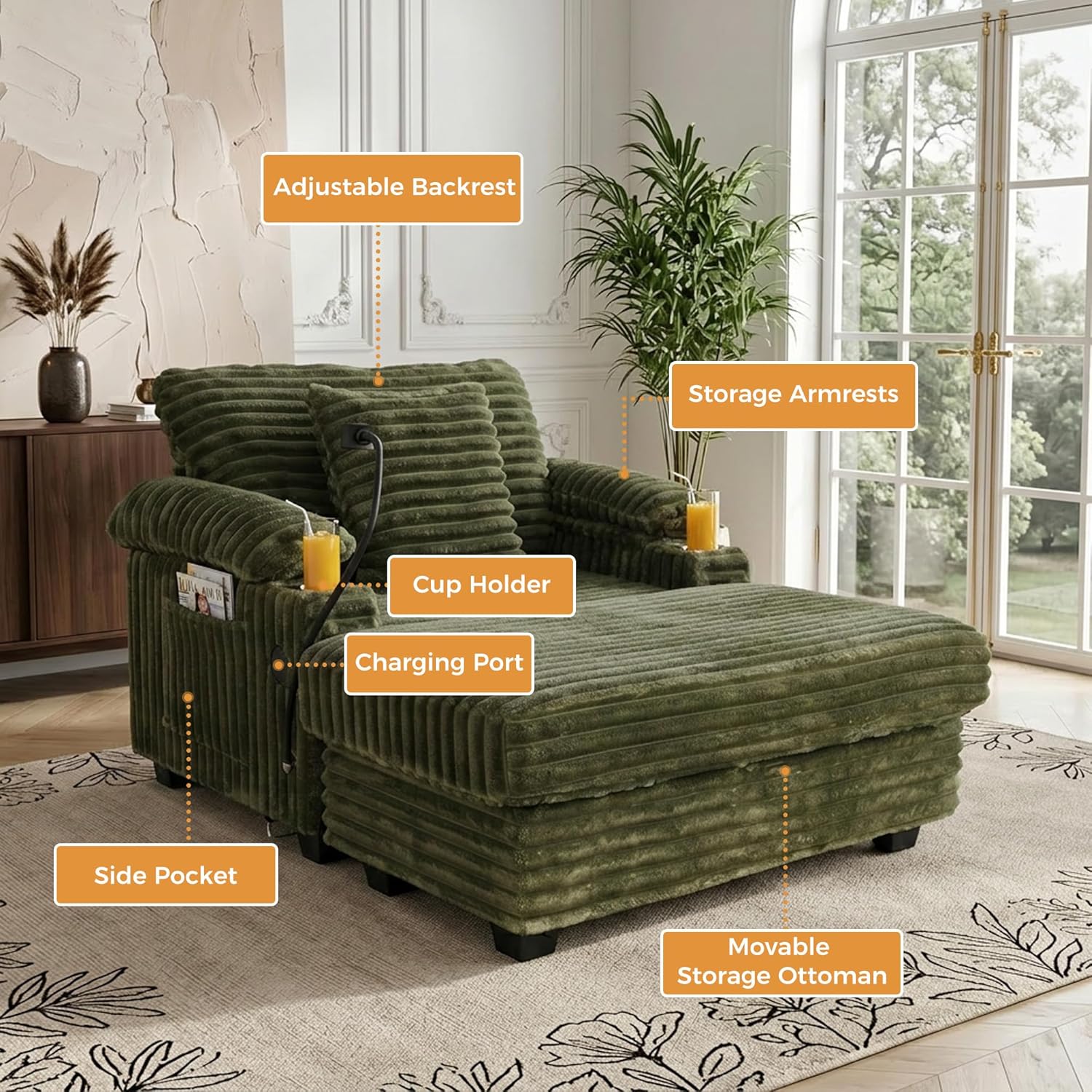 Oversized Chaise Lounge Chair with Adjustable Backrest, Movable Storage Ottoman, Phone Holder, USB Ports, Cup Holder, Reading Lounge Chair for Small Space, Green