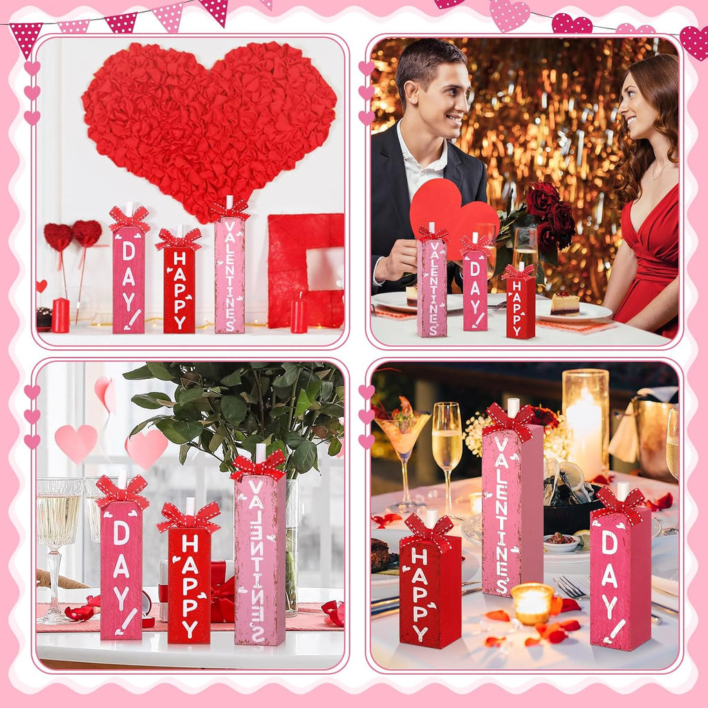 Redbaker 3 Pcs Valentine's Day Decorations for Home Wooden Block Sign Happy Valentines Day Table Decor Rustic Farmhouse Red Pink Centerpieces for Tiered Tray Wedding Mother Party Shelf Mantel Favor