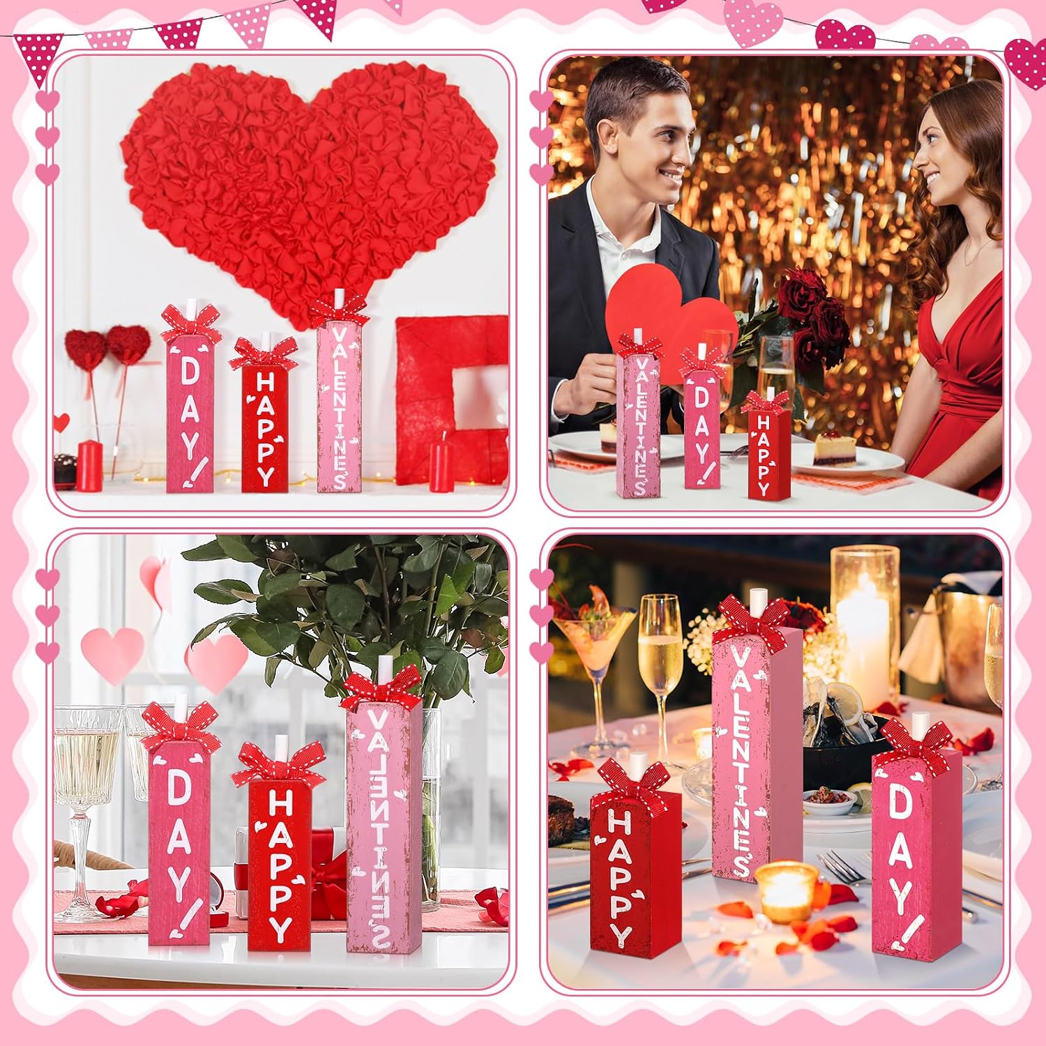Redbaker 3 Pcs Valentine's Day Decorations for Home Wooden Block Sign Happy Valentines Day Table Decor Rustic Farmhouse Red Pink Centerpieces for Tiered Tray Wedding Mother Party Shelf Mantel Favor
