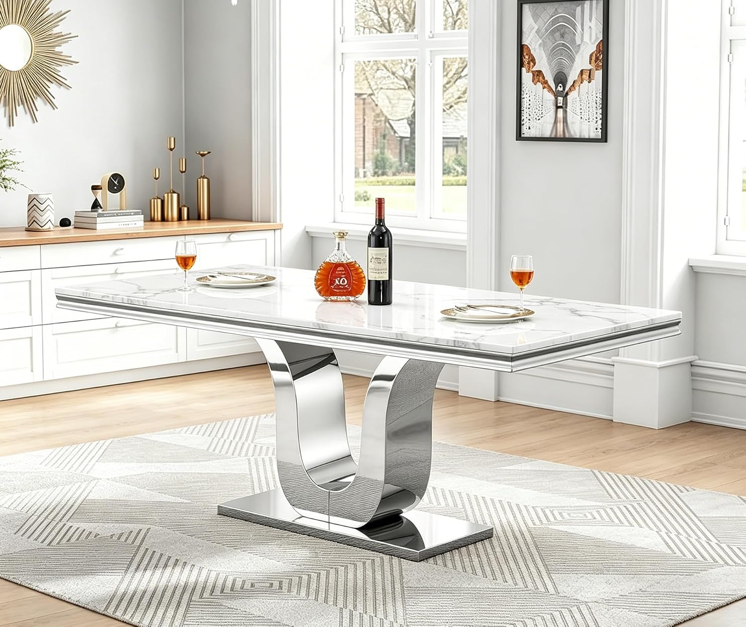 Modern White Dining Table for 6, U-Shape Stainless Steel Base, Marble Dining Room Table for 4-6, 68''L x 34''W Faux Marble Tabletop, Sturdy High Gloss Base, Rectangular Home Kitchen Table