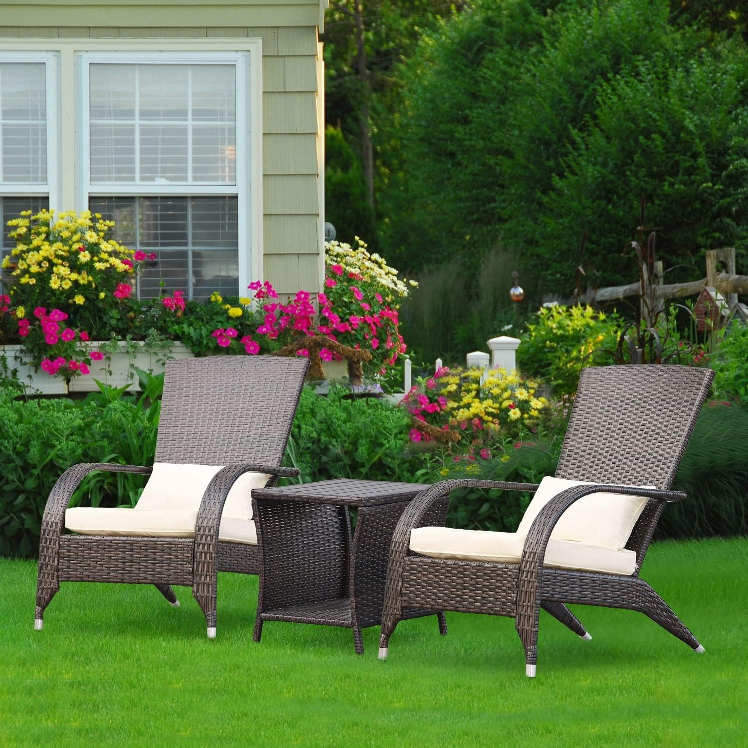 Outdoor Patio Wicker Adirondack Chair Outside Fire Pit Chairs Oversized Comfy Coconino Rattan Armchair Low Deep Seating High Back with Cushion and Pillow for Porch Deck Balcony Lawn Backyard Cream