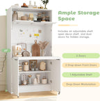 Farmhouse Kitchen Pantry Cabinet with Foldable Workstation, Kitchen Storage Cabinets with Adjustable Shelf & Power Outlet, Versatile Cupboard for Dining Room, Living Room,White