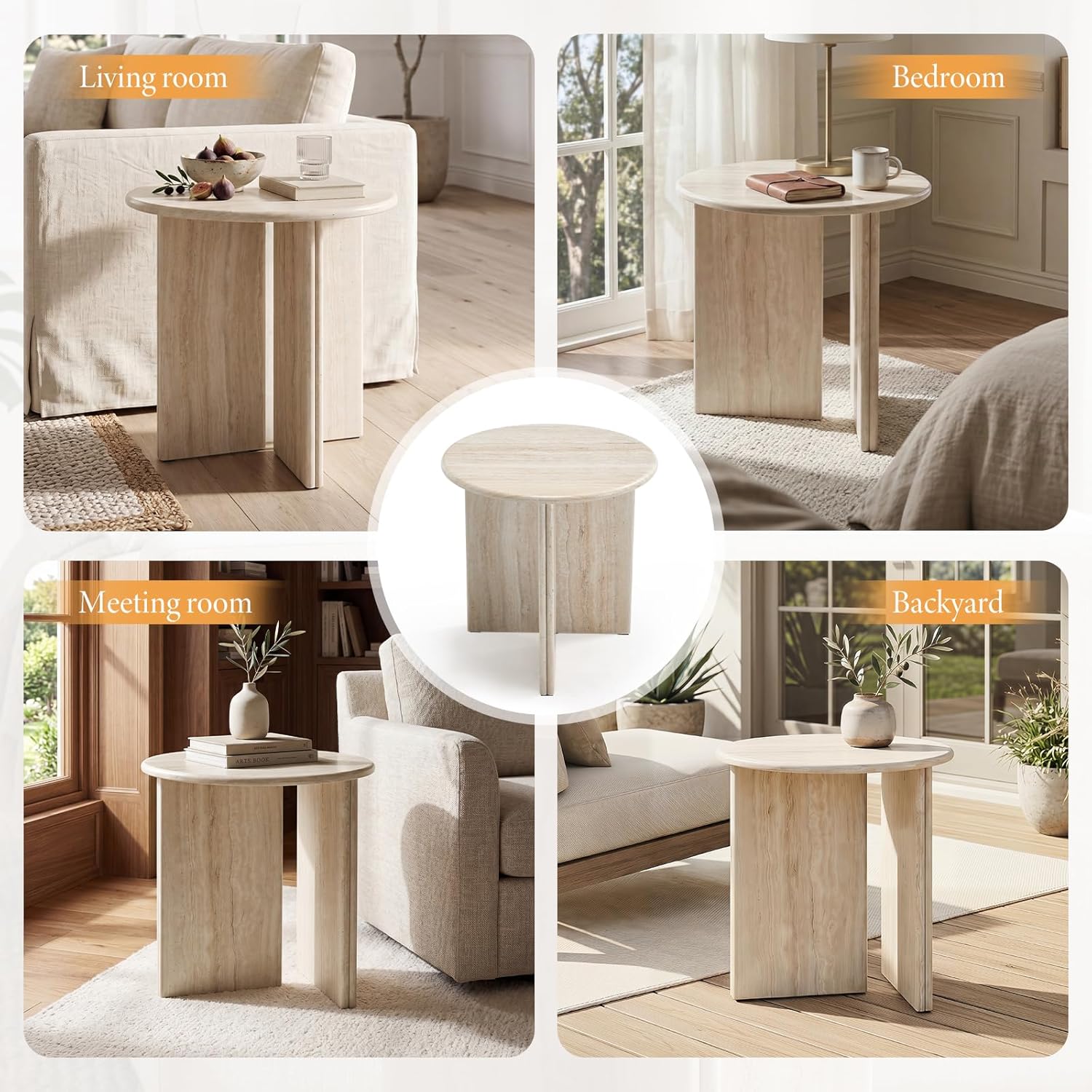 DUOMAY Wood Round Side Table Small Faux Marble Bedside Table 18" Modern End Table Natural Travertine Finish for Living Room, Bedroom, Sofa Side, Reception Room, Luxury Minimalist, Beige