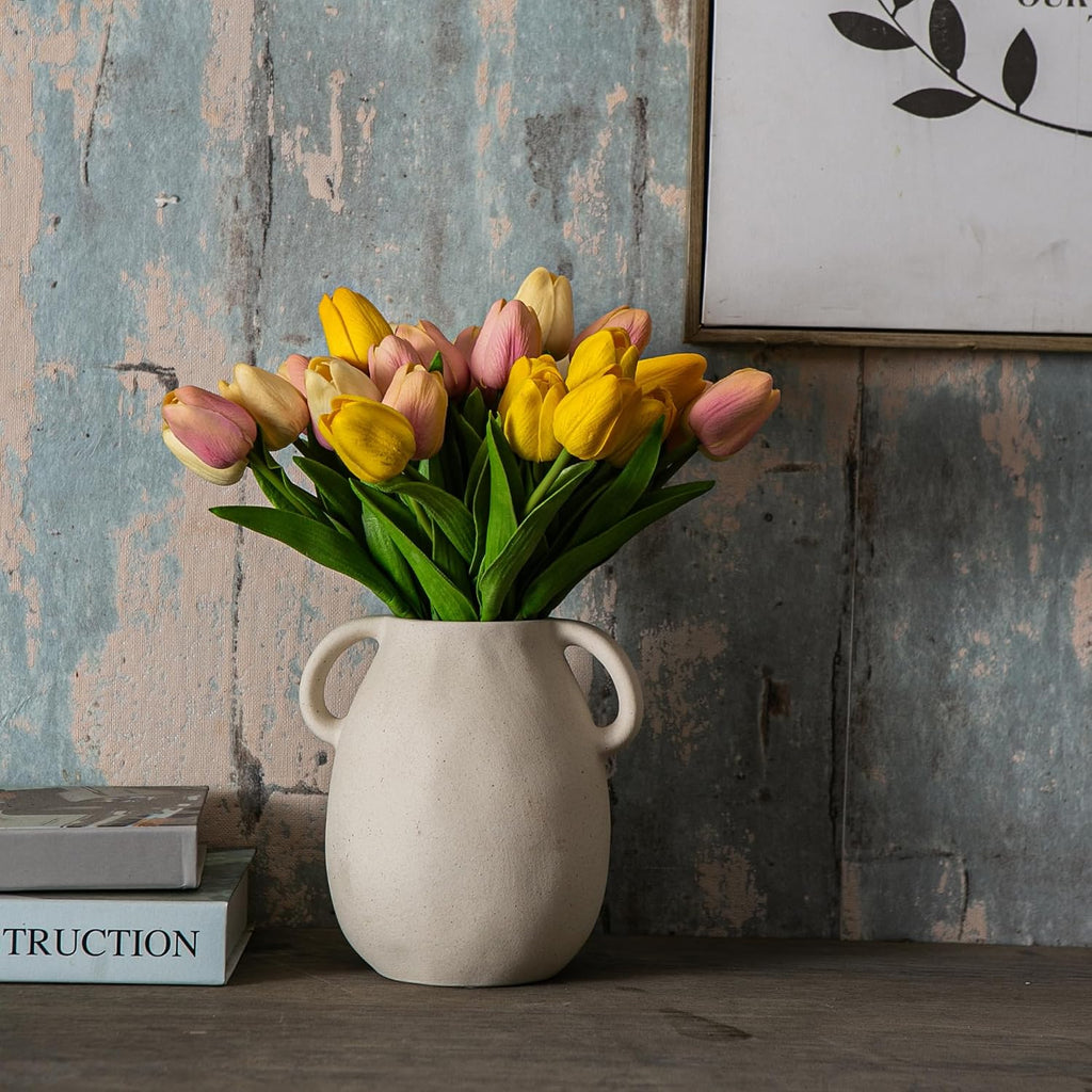 Tanvecle Off-White Ceramic Vase with 2 Handles, Sandstone Texture for Modern Farmhouse Decor, Rustic Pottery, Decorative Flower Vase, Clay Small Vase, Centerpiece for Dining Table - 7 Inch Tall