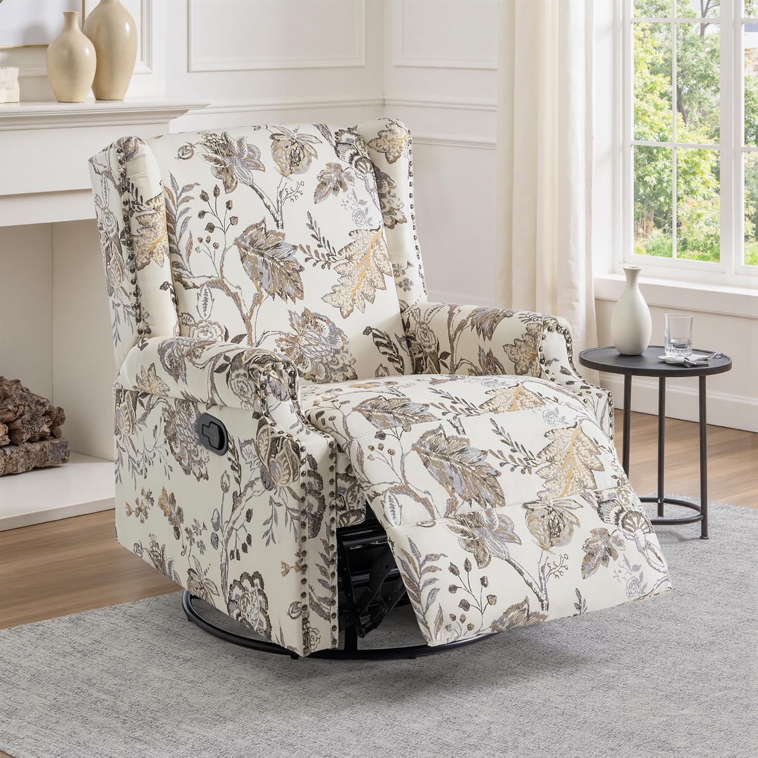 Swivel Glider Floral Recliner Chairs Set of 2, High Back Swivel Rocker Fabric Accent Chair for Living Room, Rivet Trim Upholstered Armchair Manual Sofa Seating - Beige Plants