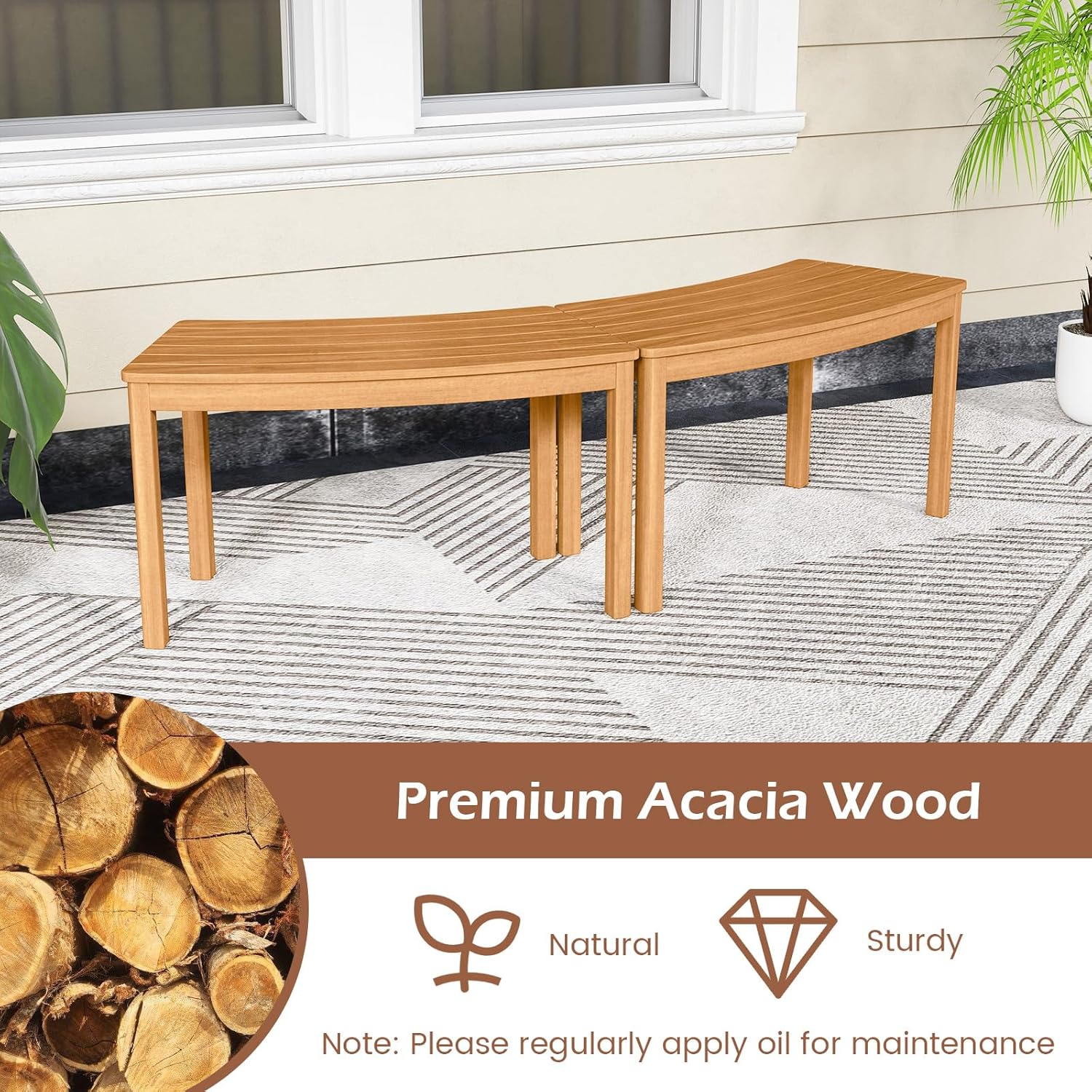 HAPPYGRILL Acacia Wood Outdoor Curved Bench, Fire Pit Bench with Slatted Seats, Tree Benches Wrap Around for Patio Garden Backyard, 400 lbs (2)